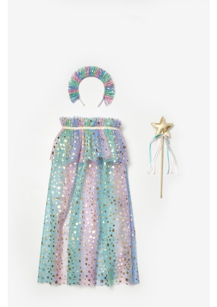 Çok Renkli Yıldız Baskılı Kız Çocuk Yıldızlı Pelerin Asa ve Taç Set