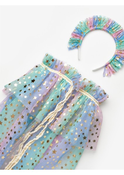 Çok Renkli Yıldız Baskılı Kız Çocuk Yıldızlı Pelerin Asa ve Taç Set