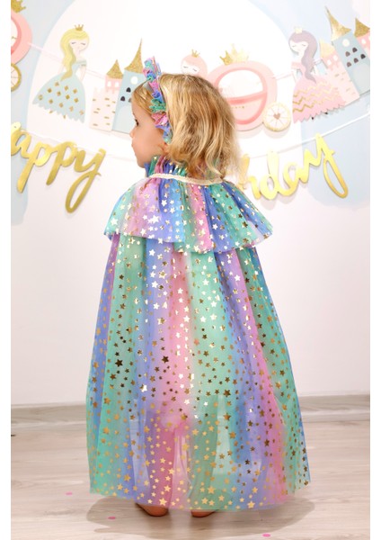 Çok Renkli Yıldız Baskılı Kız Çocuk Yıldızlı Pelerin Asa ve Taç Set