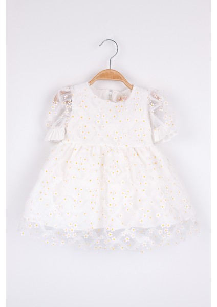 Beyaz Kısa Kollu Papatya Tüllü Kız Çocuk Elbise - Hillary