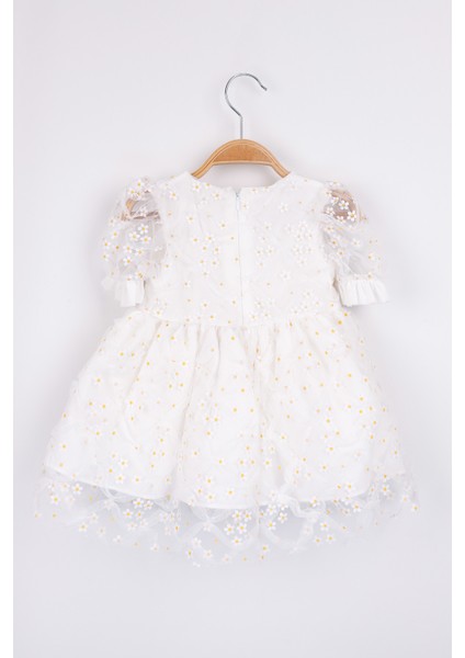 Beyaz Kısa Kollu Papatya Tüllü Kız Çocuk Elbise - Hillary