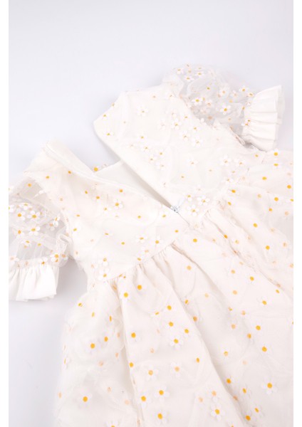 Beyaz Kısa Kollu Papatya Tüllü Kız Çocuk Elbise - Hillary
