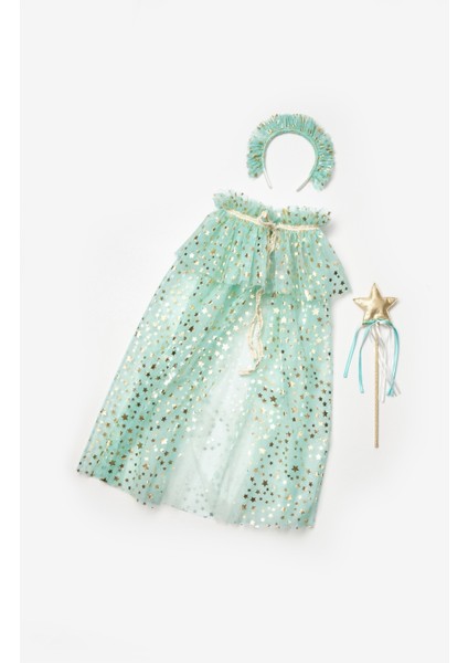 Mint Simli Kız Çocuk Yıldızlı Pelerin Asa ve Taç Set indirimleri