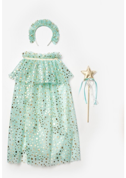 Mint Simli Kız Çocuk Yıldızlı Pelerin Asa ve Taç Set