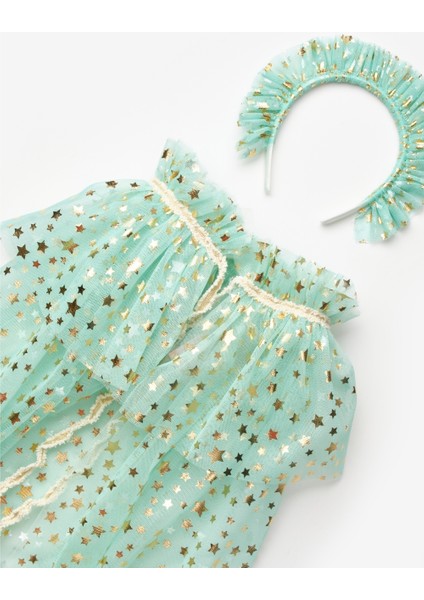 Mint Simli Kız Çocuk Yıldızlı Pelerin Asa ve Taç Set