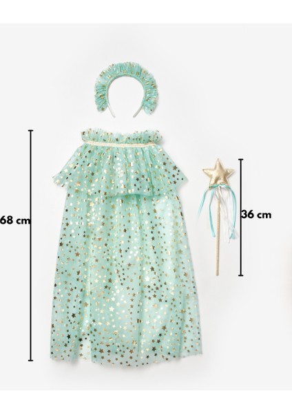 Mint Simli Kız Çocuk Yıldızlı Pelerin Asa ve Taç Set