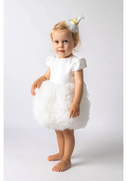 Beyaz Kısa Kollu Tütülü Bebek Prenses Elbise - Lina indirimleri