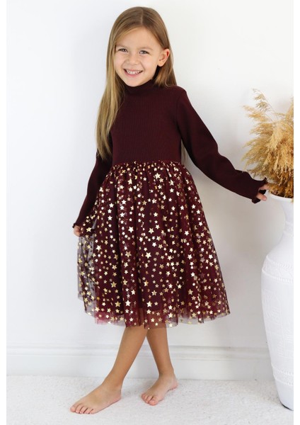 Bordo Yıldız Baskılı Tül Etekli Kız Çocuk Elbise - Karen