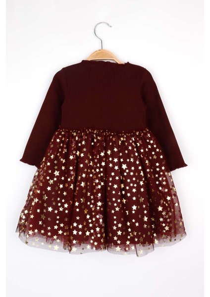 Bordo Yıldız Baskılı Tül Etekli Kız Çocuk Elbise - Karen