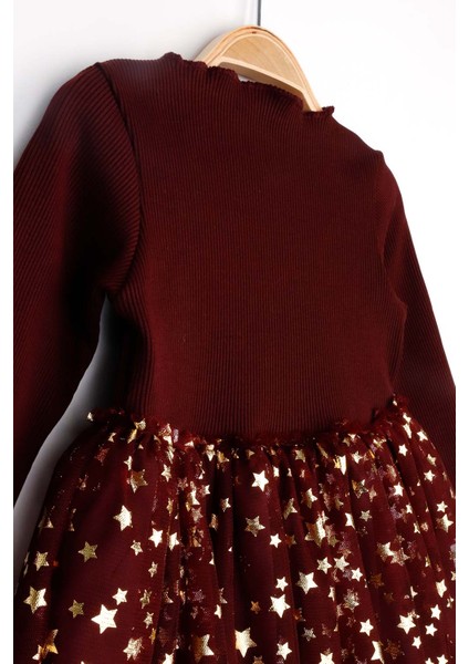 Bordo Yıldız Baskılı Tül Etekli Kız Çocuk Elbise - Karen