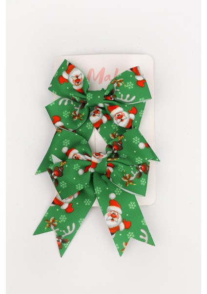 Yeşil Noel Baba Desenli 2'li Kız Çocuk Fiyonk Klips Toka
