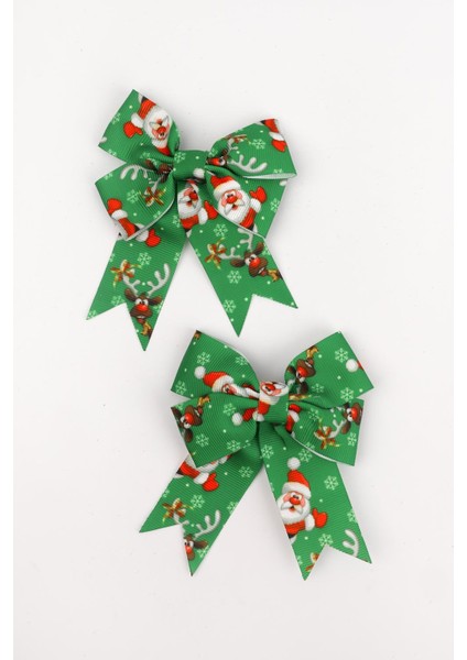 Yeşil Noel Baba Desenli 2'li Kız Çocuk Fiyonk Klips Toka