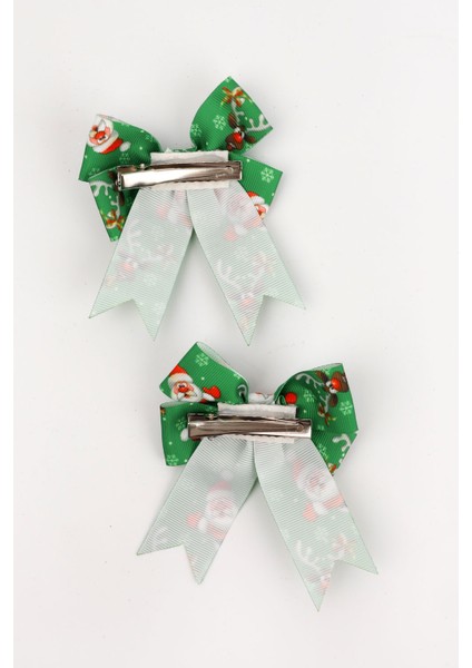 Yeşil Noel Baba Desenli 2'li Kız Çocuk Fiyonk Klips Toka