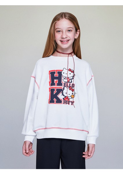 Yeni Sezon Bisiklet Yaka Hello Kitty Baskılı Kız Çocuk Sweatshirt
