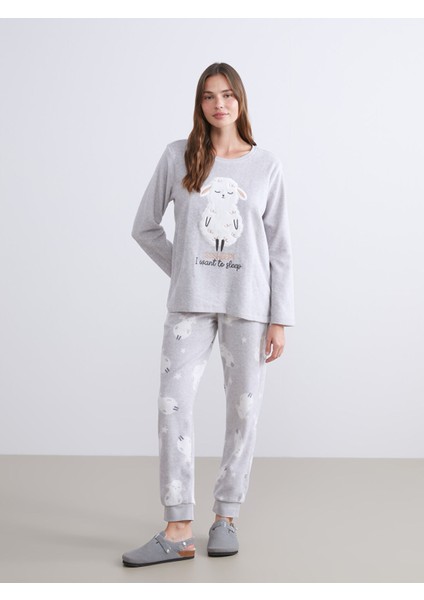 Yeni Sezon Bisiklet Yaka Nakışlı Polar Kadın Pijama Takımı