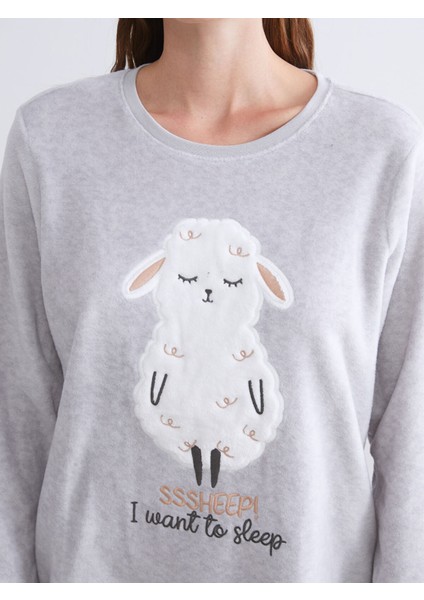 Yeni Sezon Bisiklet Yaka Nakışlı Polar Kadın Pijama Takımı modelleri