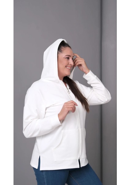 Kadın Büyük Beden Kapüşonlu Kanguru Cepli Fermuarlı Yırtmaç Detaylı %100 Pamuk Sweatshirt fırsatları
