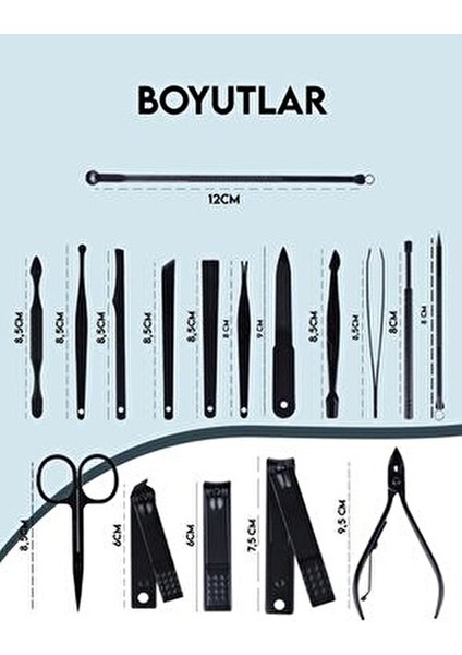 Siyah Deri Çantalı 17 Parça Manikür Seti Paslanmaz Çelik Aletlerle Taşınabilir