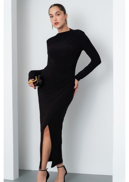 Kadın Siyah Uzun Kol Drapeli Uzun Elbise fiyatları