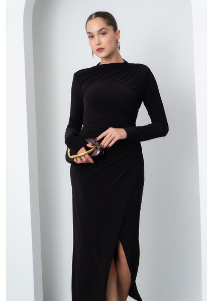 Kadın Siyah Uzun Kol Drapeli Uzun Elbise modelleri