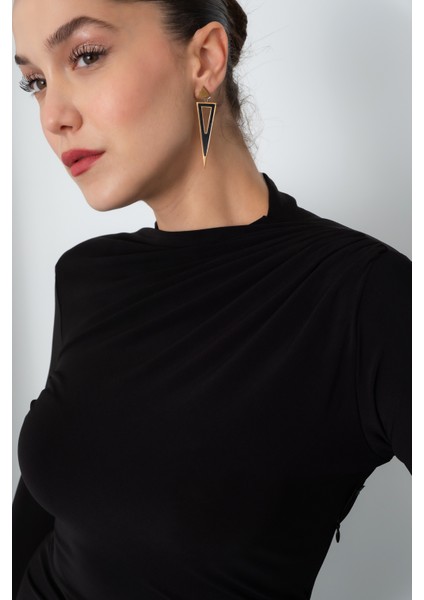 Kadın Siyah Uzun Kol Drapeli Uzun Elbise fırsatları