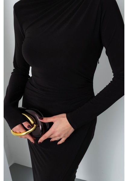 Kadın Siyah Uzun Kol Drapeli Uzun Elbise indirimleri