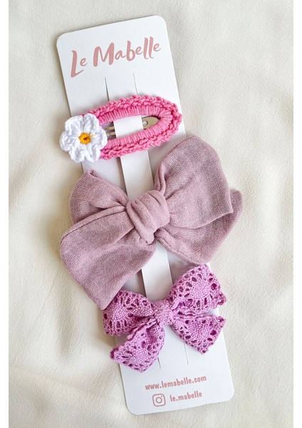 Lila Örgü Çiçek 3'lü Toka Set modelleri