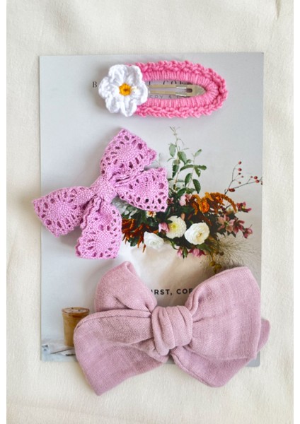 Lila Örgü Çiçek 3'lü Toka Set fırsatları