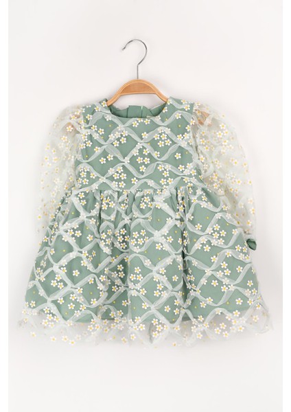 Yeşil Uzun Kollu Papatyalı Tül Detaylı Kız Çocuk Elbise - Hera