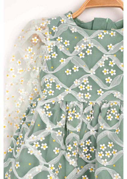 Yeşil Uzun Kollu Papatyalı Tül Detaylı Kız Çocuk Elbise - Hera