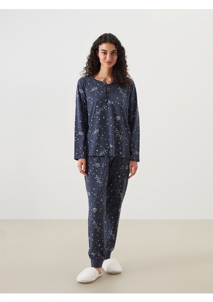 Yeni Sezon Bağlamalı Yaka Baskılı Kadın Pijama Takımı