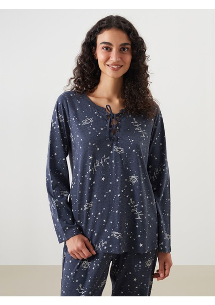 Yeni Sezon Bağlamalı Yaka Baskılı Kadın Pijama Takımı modelleri