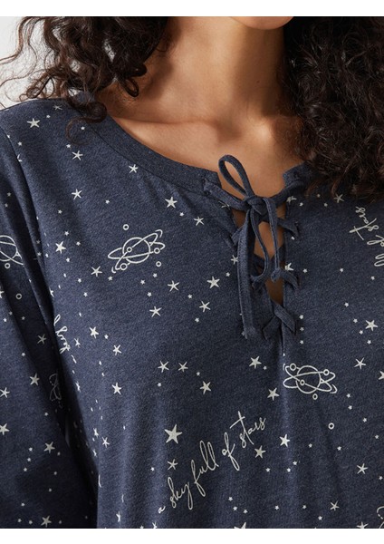 Yeni Sezon Bağlamalı Yaka Baskılı Kadın Pijama Takımı fırsatları