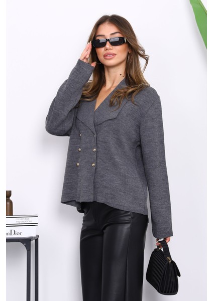 Antrasit Kruvaze Yaka Düğmeli Triko Hırka