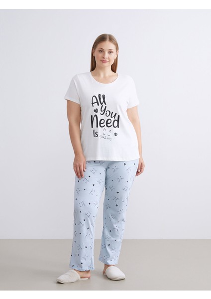 Yeni Sezon Büyük Beden Bisiklet Yaka Baskılı Kadın Pijama Takımı fiyatları