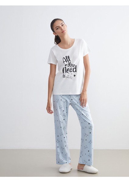 Yeni Sezon Büyük Beden Bisiklet Yaka Baskılı Kadın Pijama Takımı modelleri