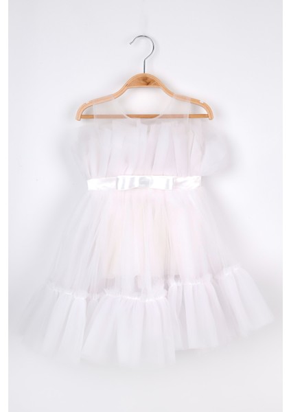 Beyaz Kemer Detaylı Kız Çocuk Tül Elbise - Kendall indirimleri