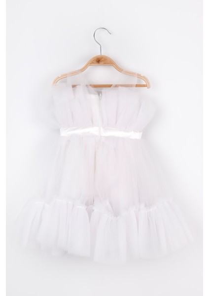 Beyaz Kemer Detaylı Kız Çocuk Tül Elbise - Kendall