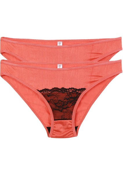 Kadın Mercan Rengi Dantel Detaylı 2'li Slip