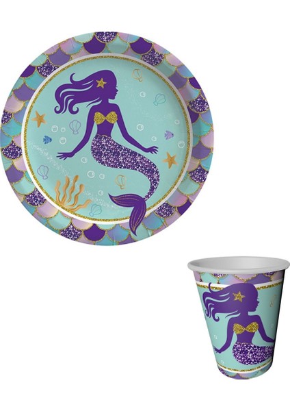 Lila Deniz Kızı Baskılı 8'li Tabak Bardak Set modelleri