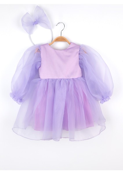 Lila Uzun Kollu Organze Kız Çocuk Parti Elbisesi - Sage