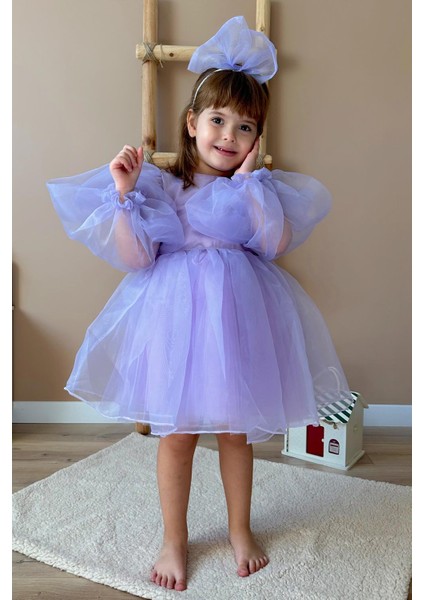 Lila Uzun Kollu Organze Kız Çocuk Parti Elbisesi - Sage