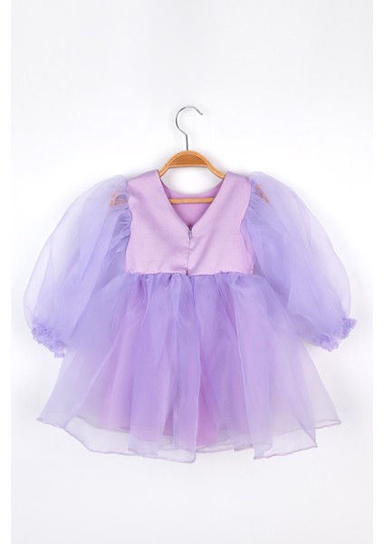 Lila Uzun Kollu Organze Kız Çocuk Parti Elbisesi - Sage