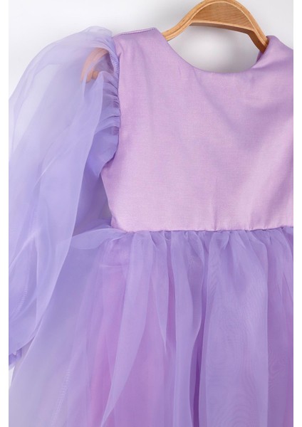 Lila Uzun Kollu Organze Kız Çocuk Parti Elbisesi - Sage