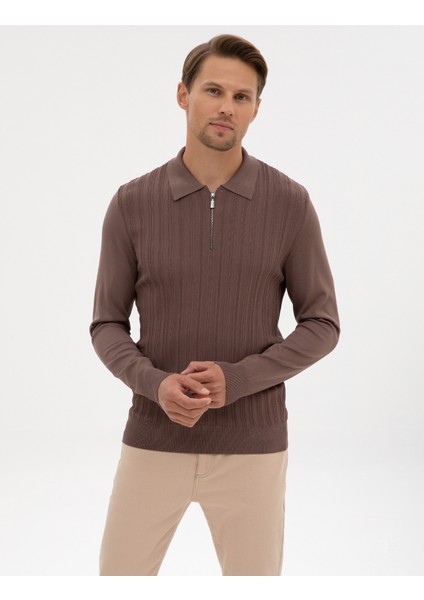 Erkek Vizon Regular Fit Bisiklet Yaka Fermuarlı Triko Kazak 50315753-VR052