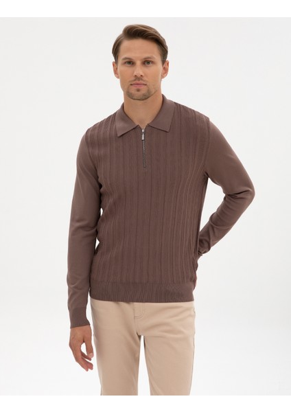 Erkek Vizon Regular Fit Bisiklet Yaka Fermuarlı Triko Kazak 50315753-VR052 modelleri