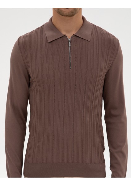 Erkek Vizon Regular Fit Bisiklet Yaka Fermuarlı Triko Kazak 50315753-VR052