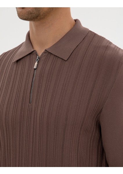 Erkek Vizon Regular Fit Bisiklet Yaka Fermuarlı Triko Kazak 50315753-VR052