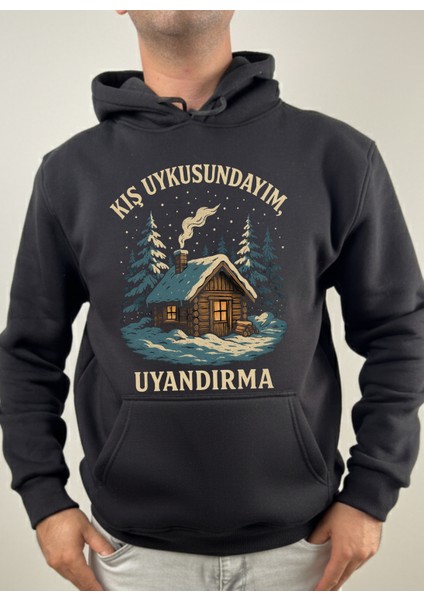 Erkek Oversize Baskılı Kapüşonlu Pamuklu Sweatshirt, 3 Iplik Içi Polarlı Şardonlu Kalın Kışlık Sweat