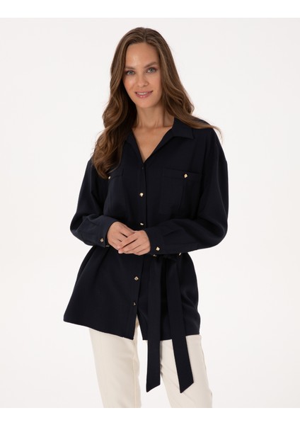 Kadın Lacivert Oversize Uzun Kollu Gömlek 50314120-VR033